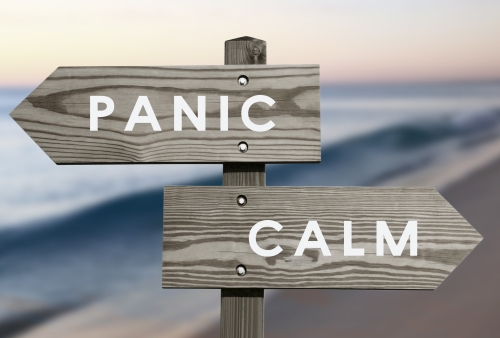 Calm vs Panic signs with blurred beach background
